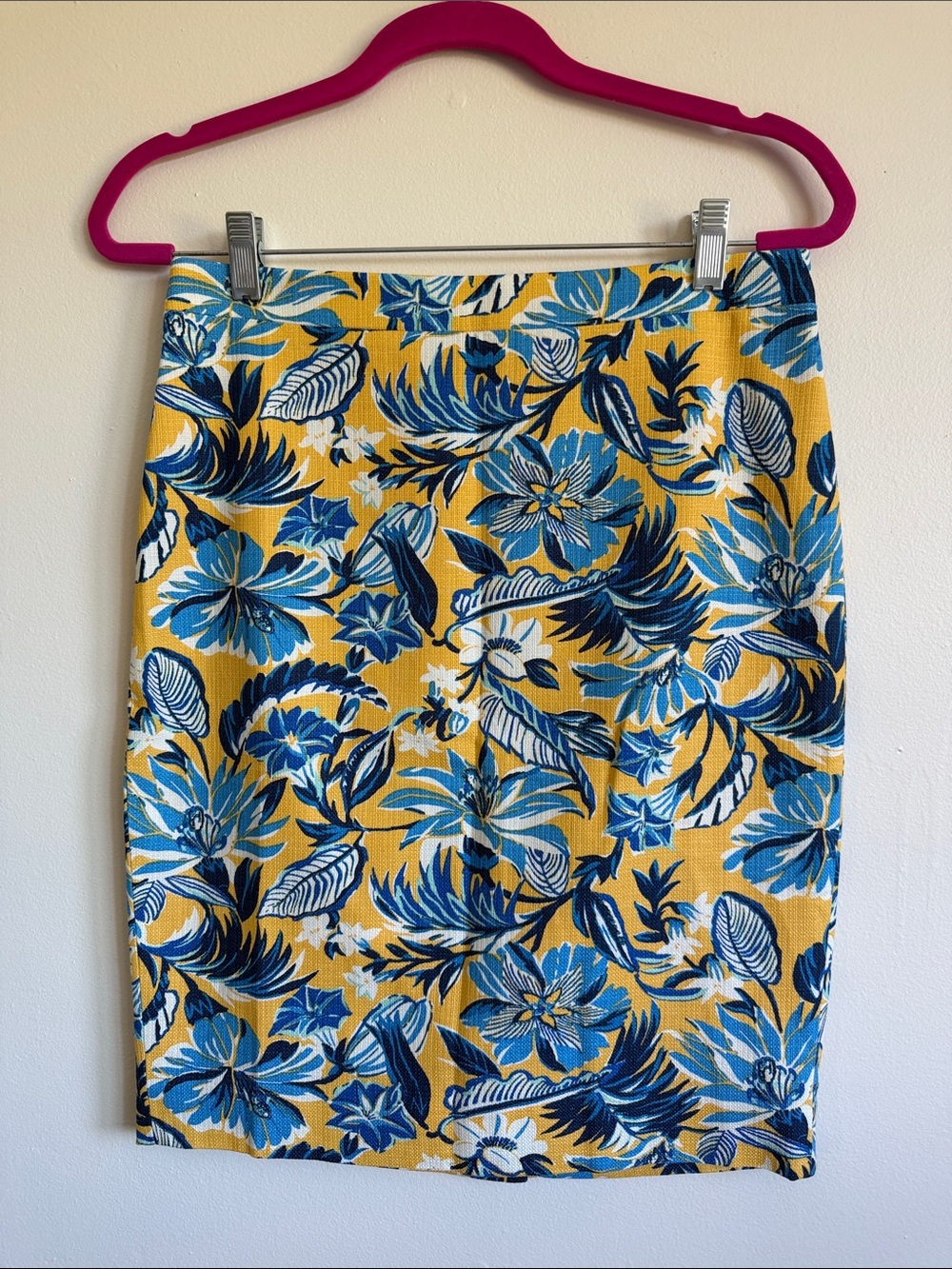 J. Crew Basketweave Yellow Floral Pencil Skirt with Blue Accents
